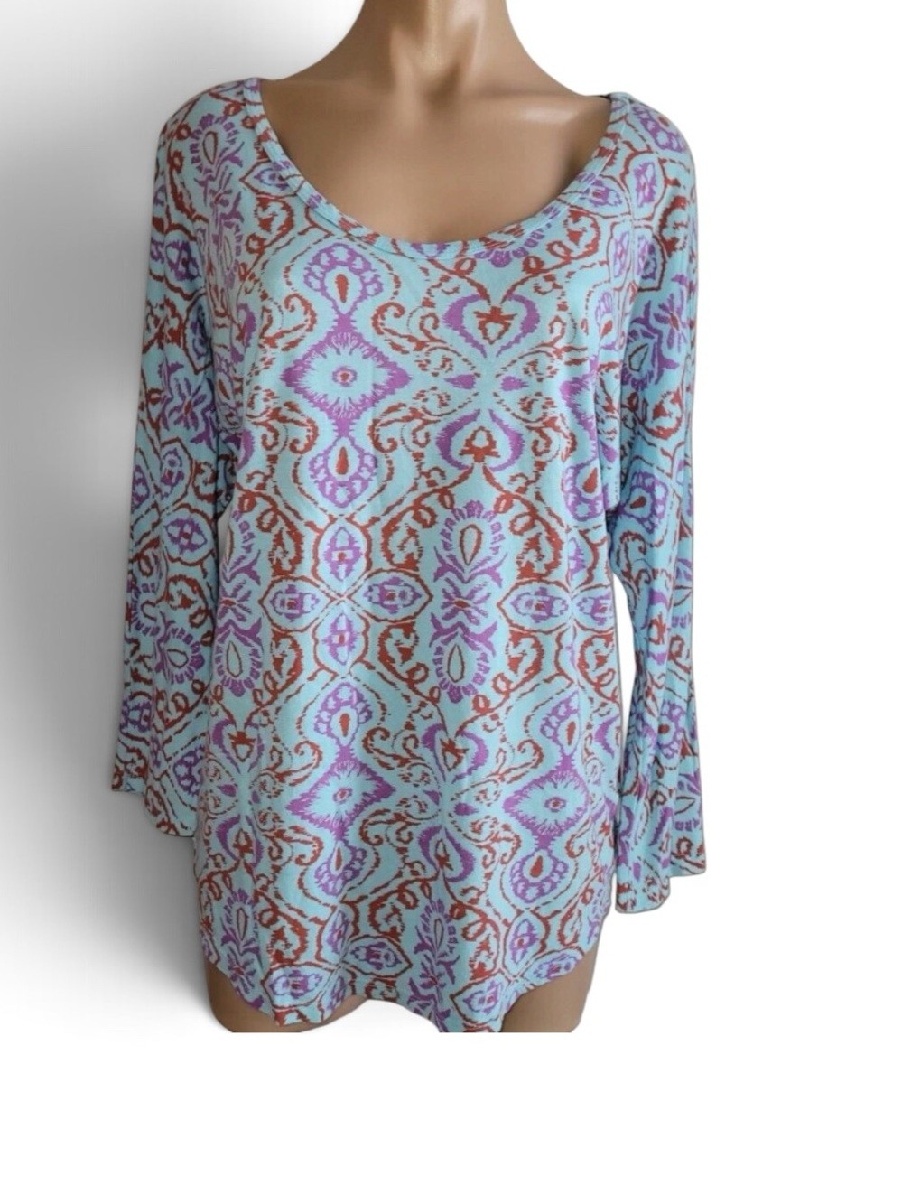 Fresh Produce Size XL Top Blue Floral Artsy Scoop Neck Lightweight Blouse